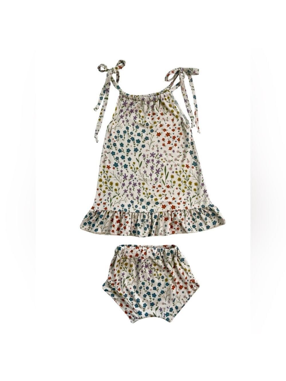 Little Eyes Bamboo Flower Child Tie-Strap‎ Dress & Bummies Set